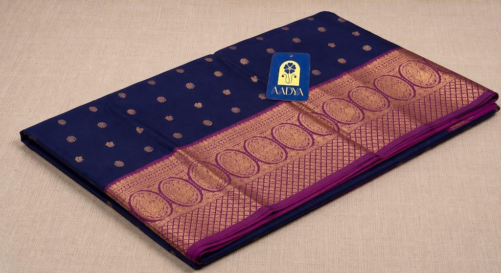 Dark Blue Gadwal Silk Saree with Flower Zari Buttis, Purple Peacock & Leaf Motif Border