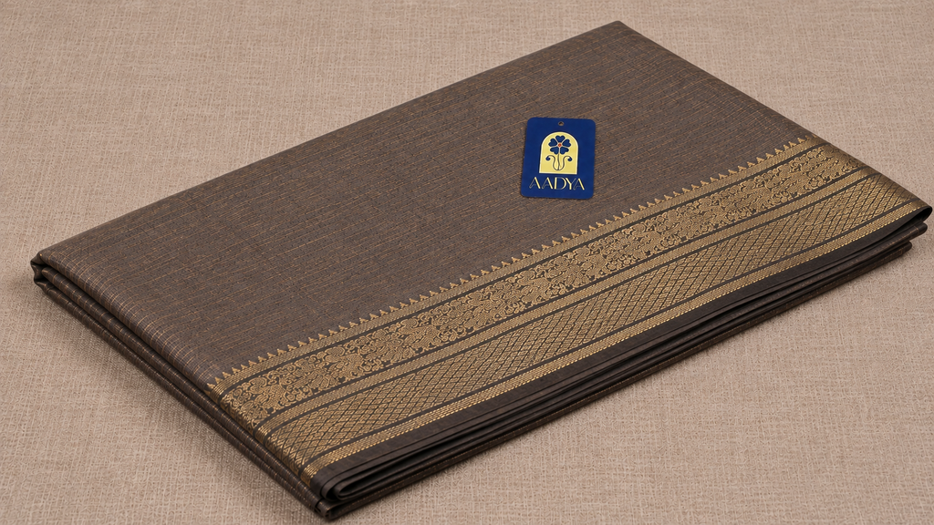Grey Mangalgiri Sico Saree with Silver Zari Border & Striped Pallu