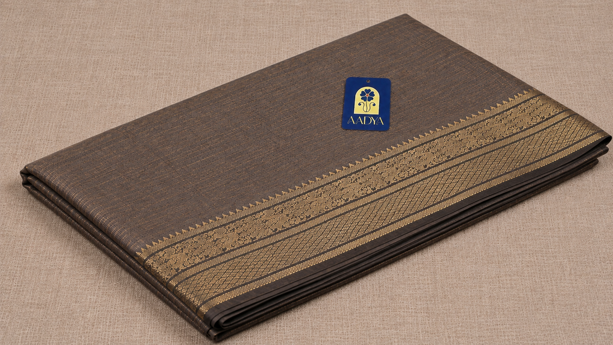 Grey Mangalgiri Sico Saree with Silver Zari Border & Striped Pallu