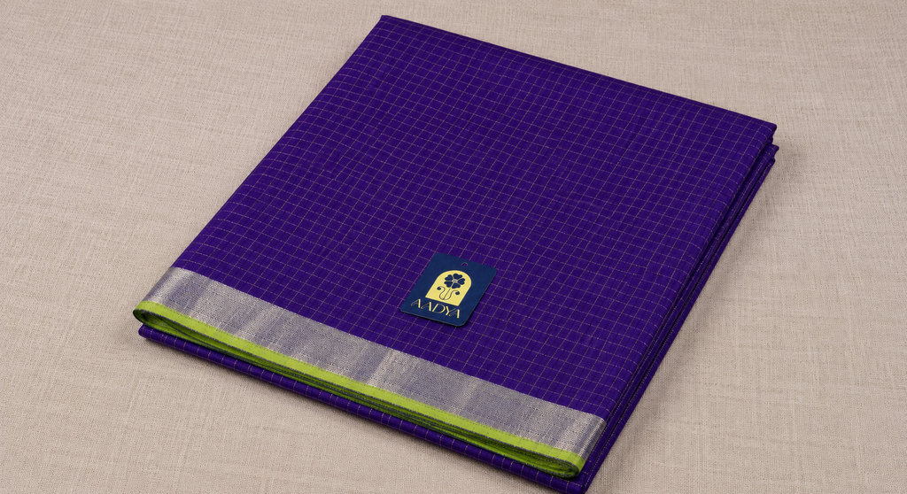 Purple Mangalgiri Sico Saree with Silver Checks & Green Zari Border