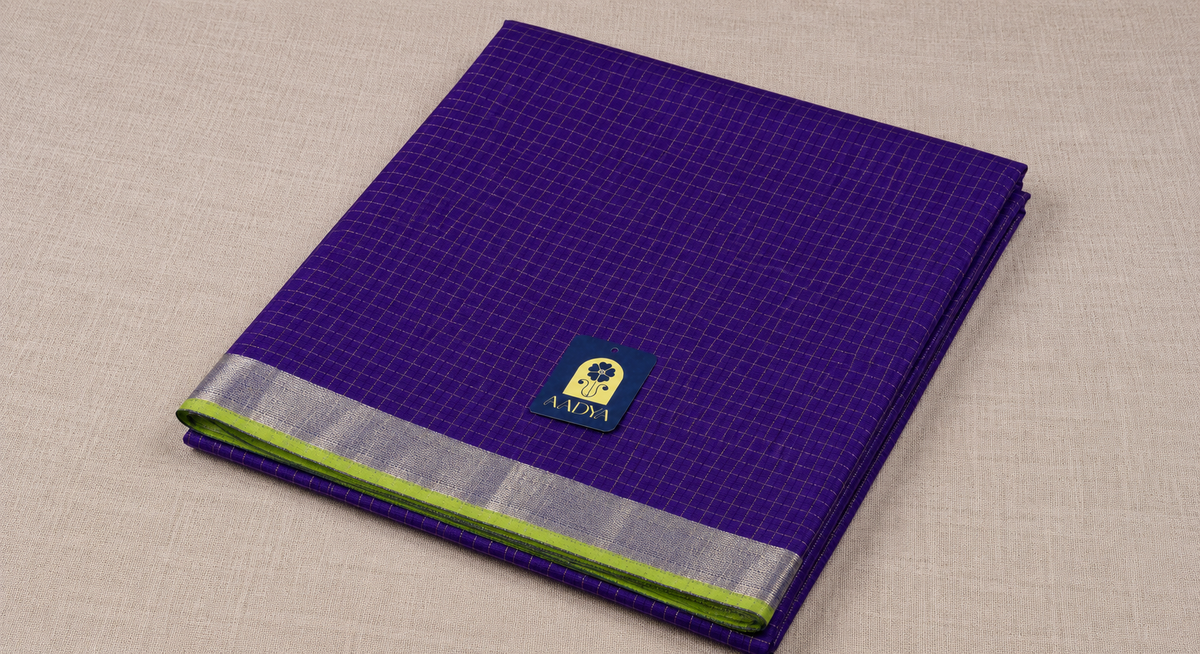 Purple Mangalgiri Sico Saree with Silver Checks & Green Zari Border