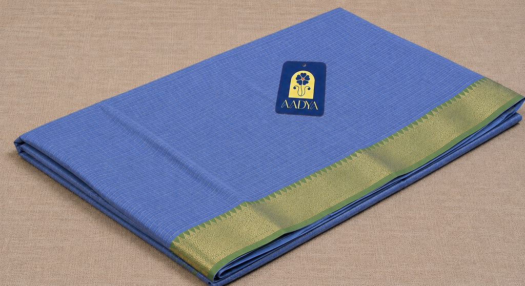 Lavender Mangalgiri Sico Saree with Checks, Green Silver Zari Border & Designer Pallu