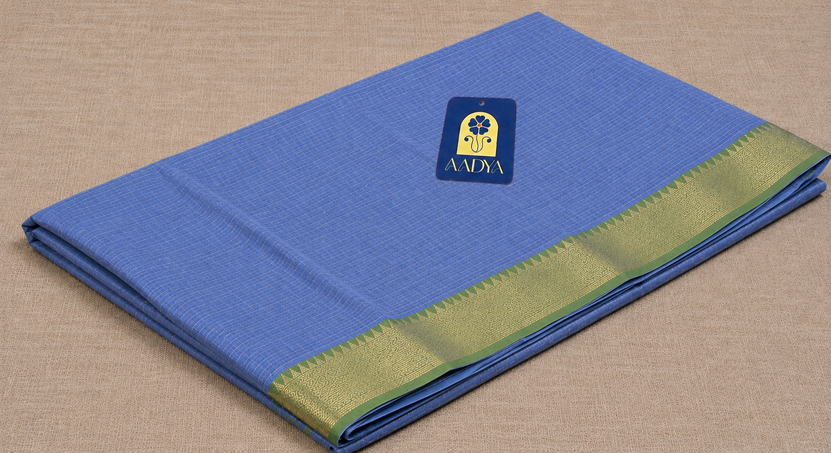 Lavender Mangalgiri Sico Saree with Checks, Green Silver Zari Border & Designer Pallu