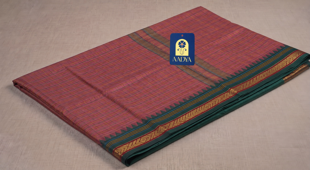 Rose Pink Narayanpet Cotton Saree with Dark Green Border, Red Zari & Green-Yellow Pallu