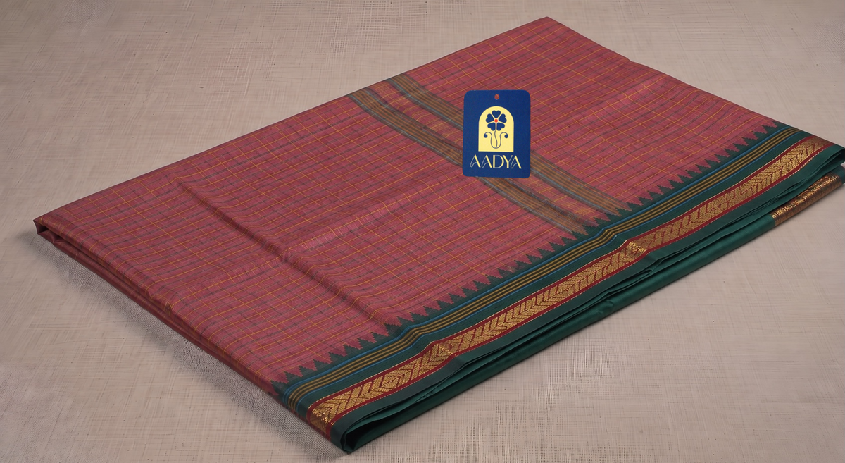 Rose Pink Narayanpet Cotton Saree with Dark Green Border, Red Zari & Green-Yellow Pallu