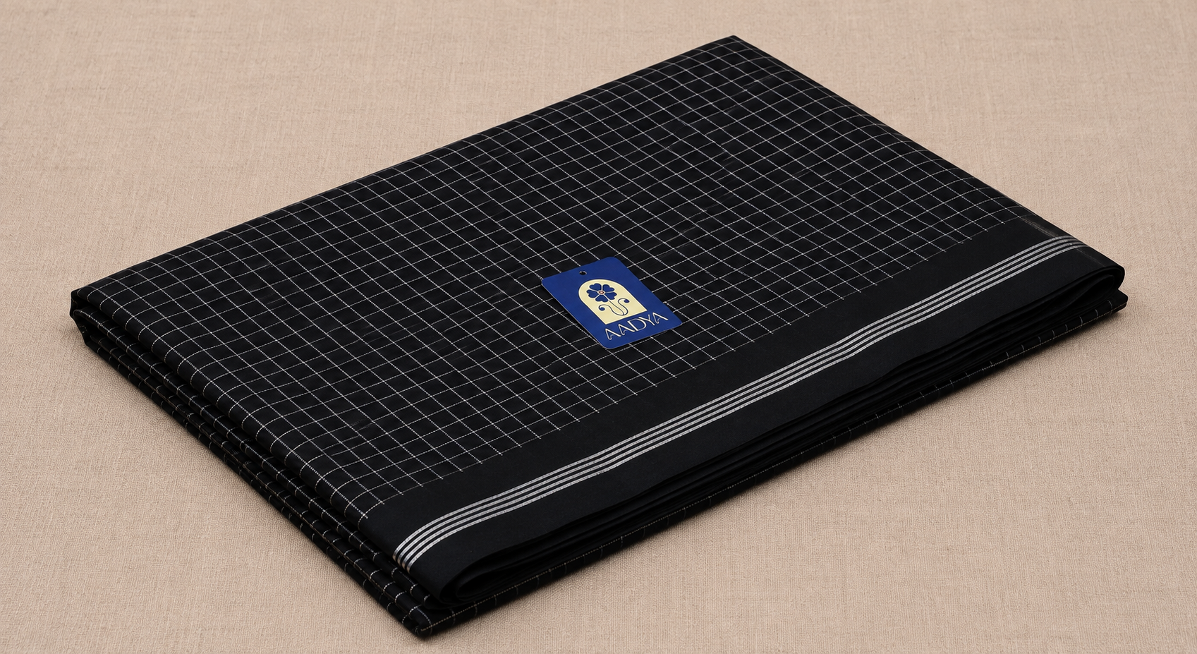 Black Kanchivaram Silk Saree with Silver Zari Checks & Border
