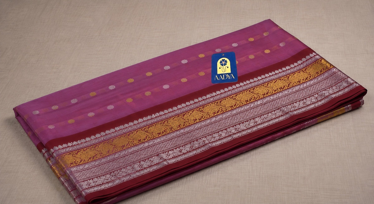 Dusty Rose Gadwal Sico Saree with Peacock & Round Zari Buttis, Maroon Zari Border