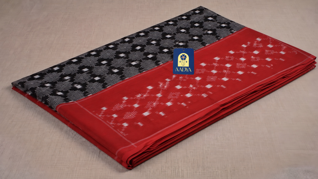 Deep Black Double Ikkat Cotton Saree with Geometric Ikat Pattern & Red Border