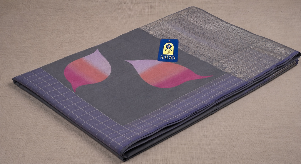 Grey Kanchivaram Silk Saree with Leaf Thread Work & Silver Zari Pallu