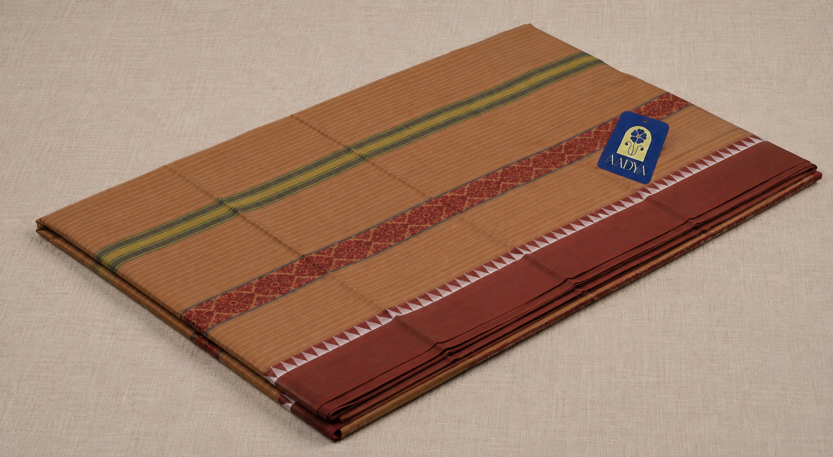 Sandal Narayanpet Cotton Saree with Leaf Border & Green Pallu