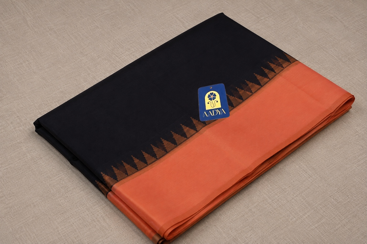 Black Gadwal Silk Saree with Orange Temple Design Border & Plain Pallu