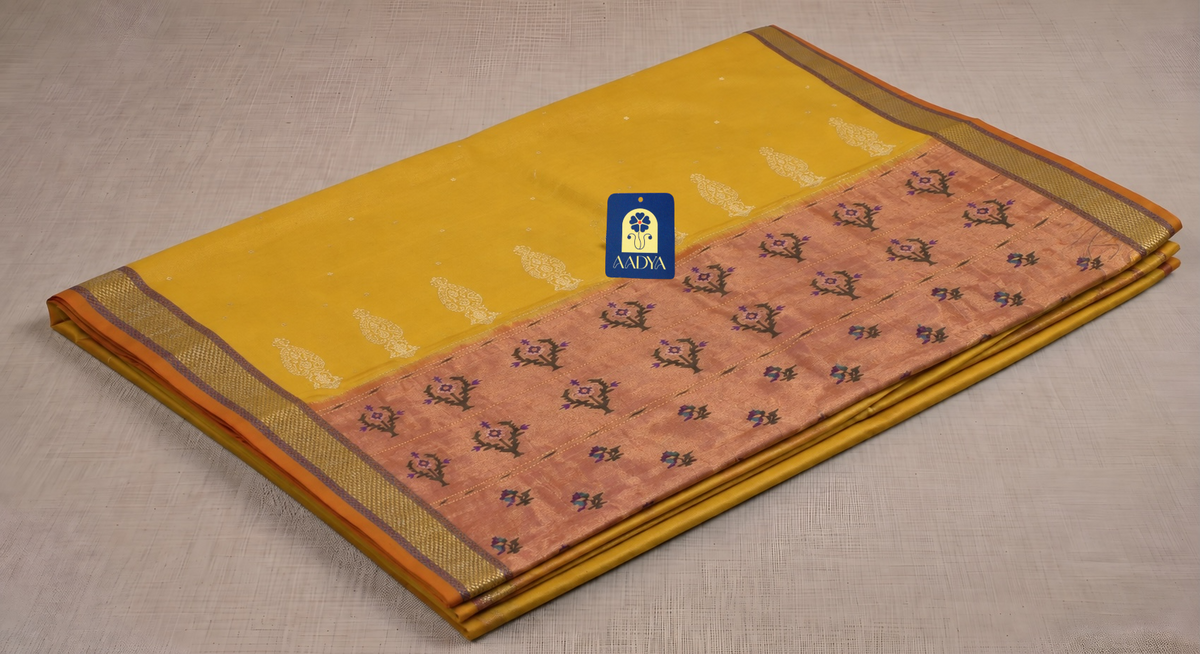 Mustard Yellow Paithani Silk Saree with Gold Butta Motifs & Zari Border