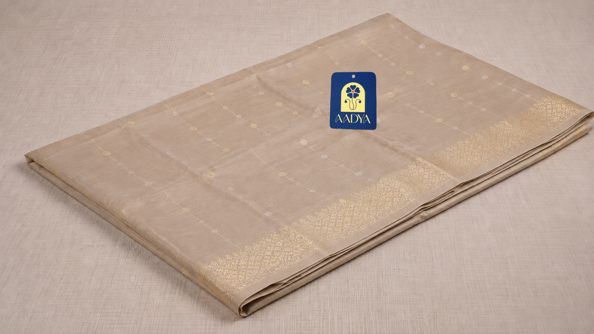 Light Beige Banaras Silk Saree with Lotus & Bird Silver-Gold Buttis