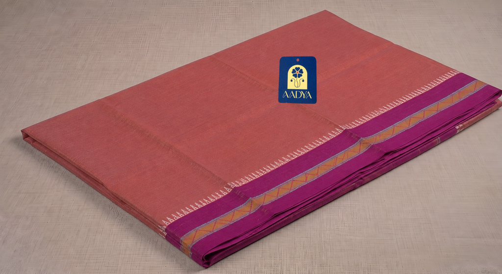 Peach Narayanpet Cotton Saree with Purple Border & White-Purple Pallu