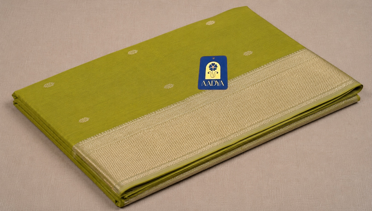 Green Maheshwari Silk Saree with Silver Zari Buttis & Border