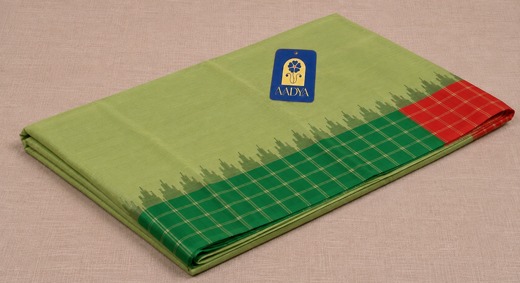 Cream Gadwal Sico Saree with Red & Green Ganga Jamuna Temple Border