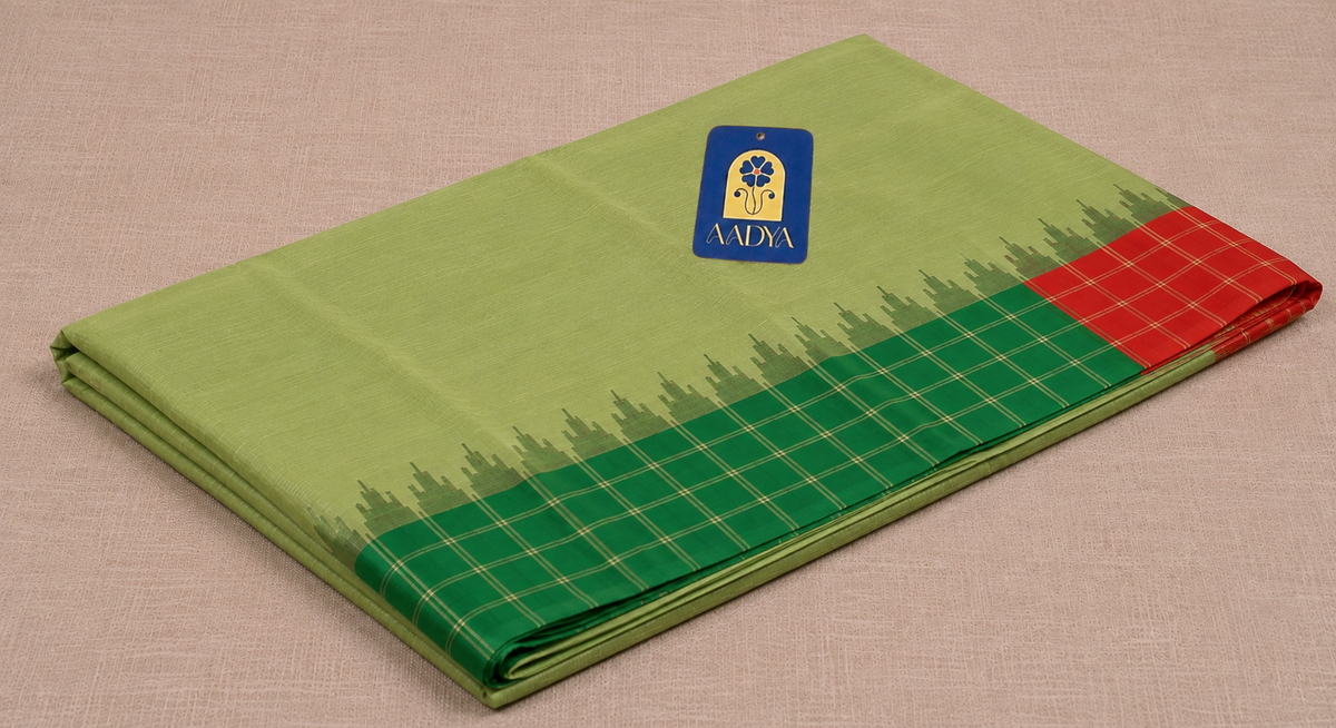Cream Gadwal Sico Saree with Red & Green Ganga Jamuna Temple Border