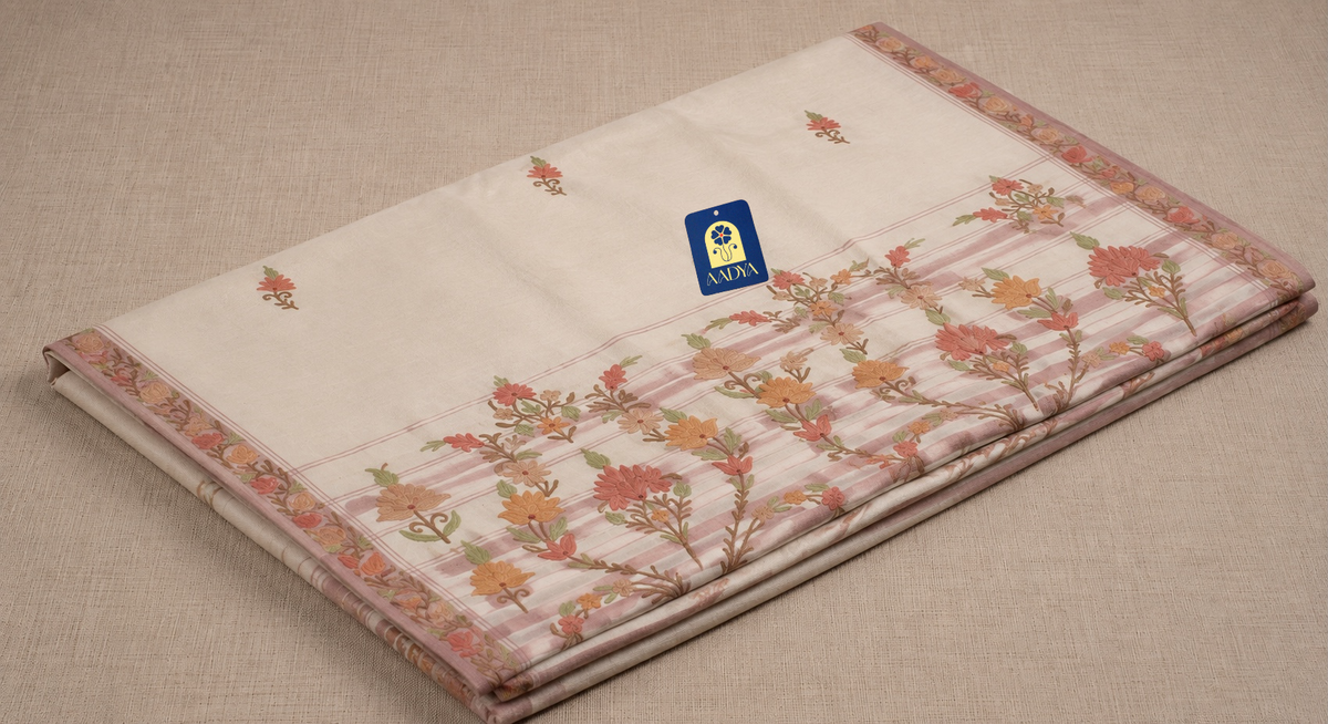 Cream Khadi Cotton Saree with Floral Buttis & Light Pink Kashmir Work Border