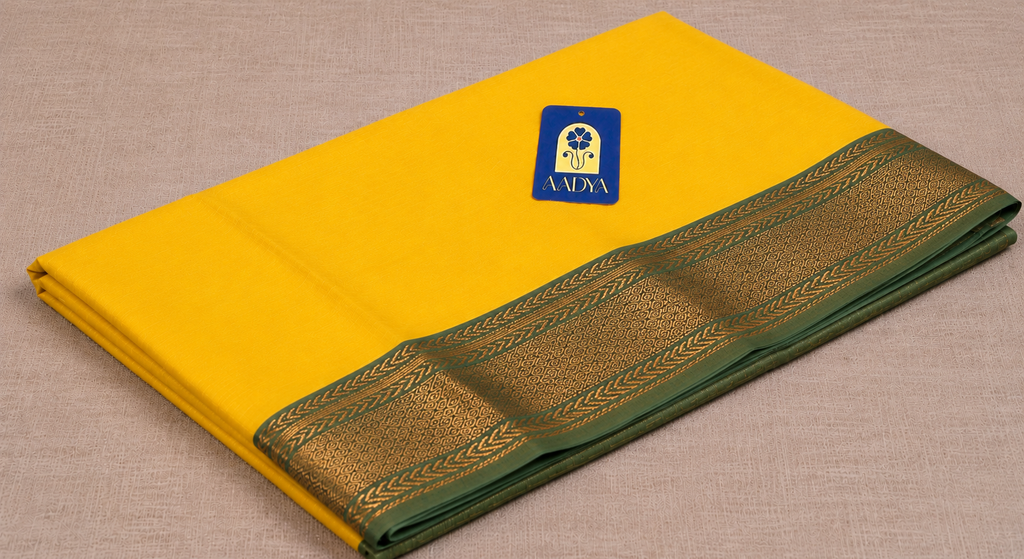 Light Yellow Mangalgiri Sico Saree with Blue Heavy Zari Border & Gold Zari Pallu