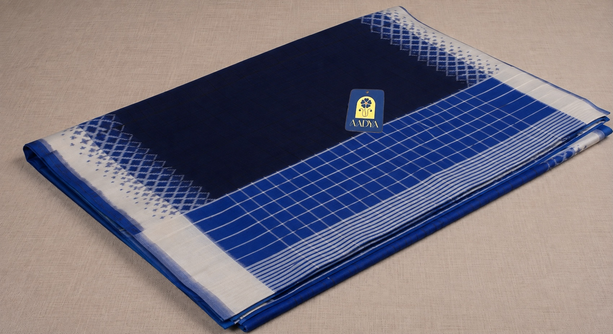 Navy Blue & Black Puttapaka Ikkat Cotton Saree with Checks, Lines & Blue Design Pallu
