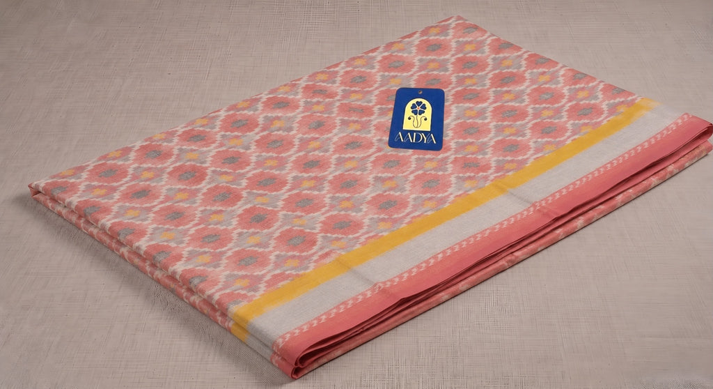 Pink Puttapaka Ikkat Eri Silk Saree with Geometric Motifs, Yellow Border & Ikkat Pallu