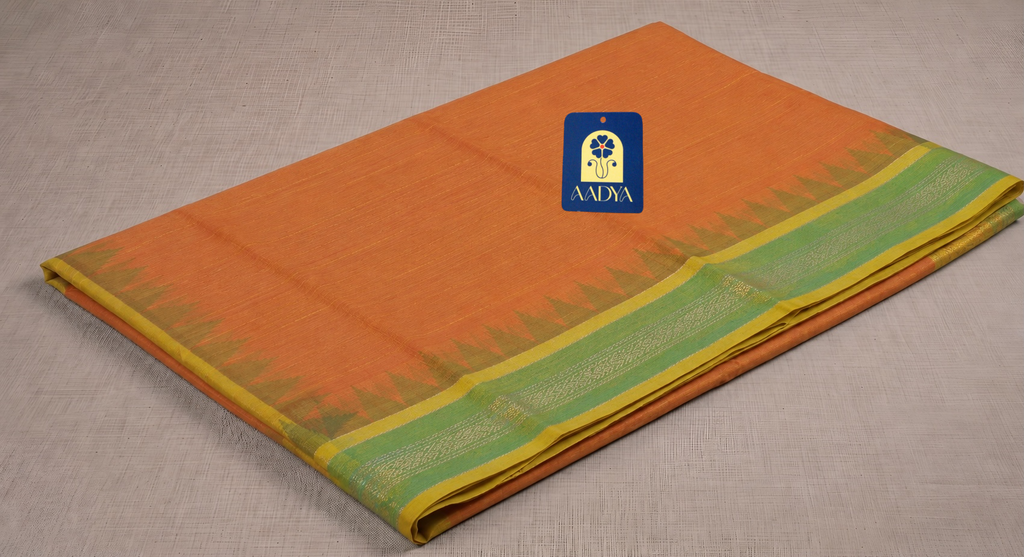 Orange Ponduru Khadi Cotton Saree with Green Border & Gold Zari Pallu