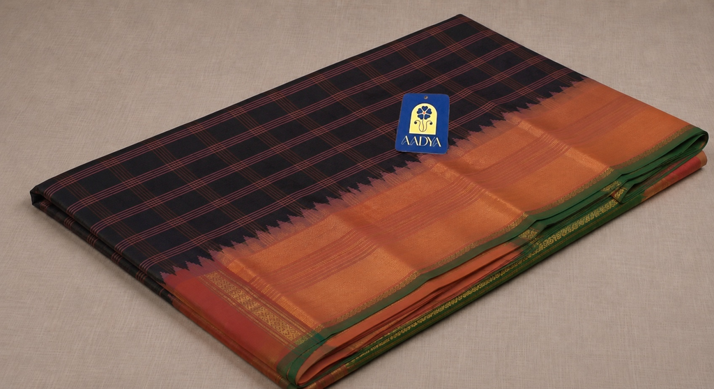 Black Gadwal Silk Saree with Big Checks & Green-Orange Ganga Jamuna Zari Border