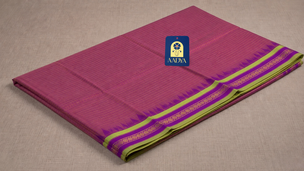 Beetroot Pink Ponduru Khadi Cotton Saree with Purple Border & Zari Checks