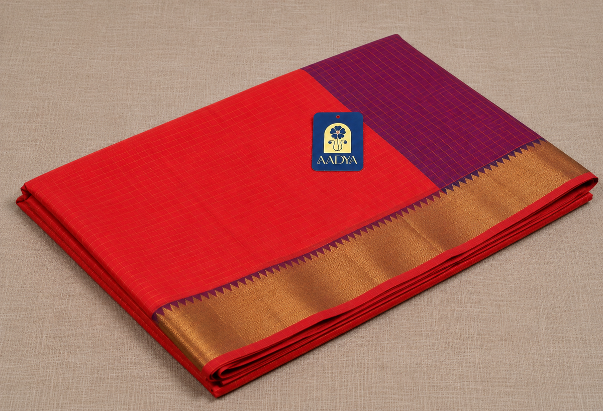 Orange Mangalgiri Sico Saree with Zari Checks & Blue Silver Zari Border
