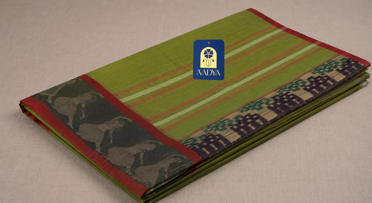Parrot Green Narayanpet Cotton Saree with Brick Red Border & Woman Dancer Motifs