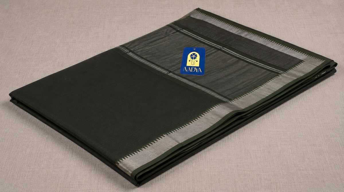 Mehendi Green Mangalgiri Cotton Saree with Gap Lines, Silver Zari Border & Zari Pallu