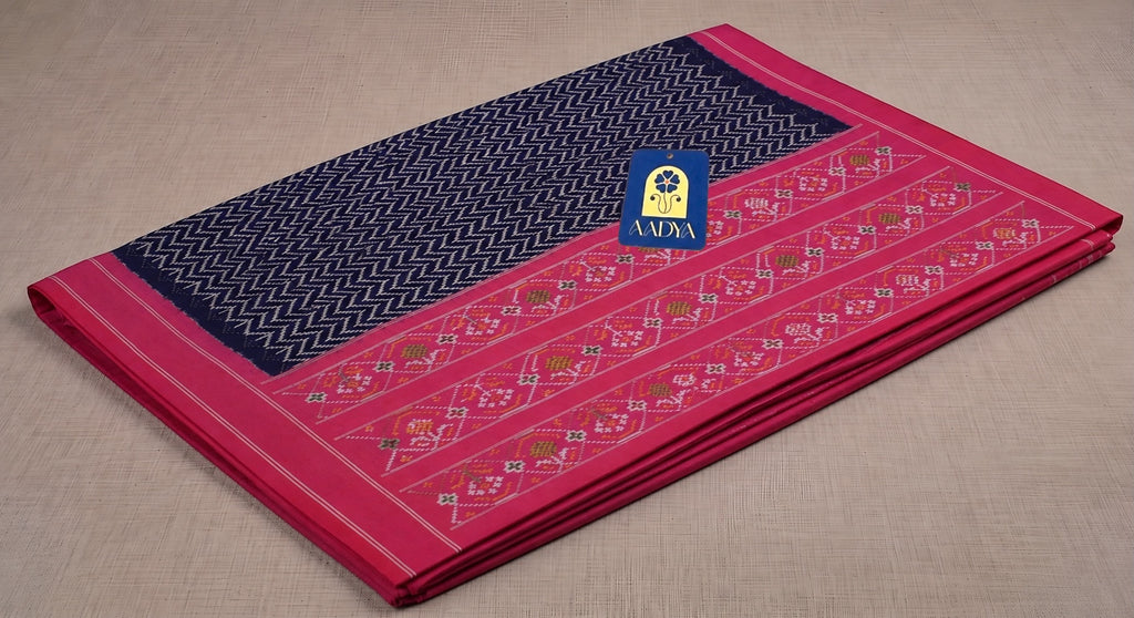 Navy Blue Puttapaka Ikkat Eri Silk Saree with Wave Design, Pink Border & Ikkat Pallu
