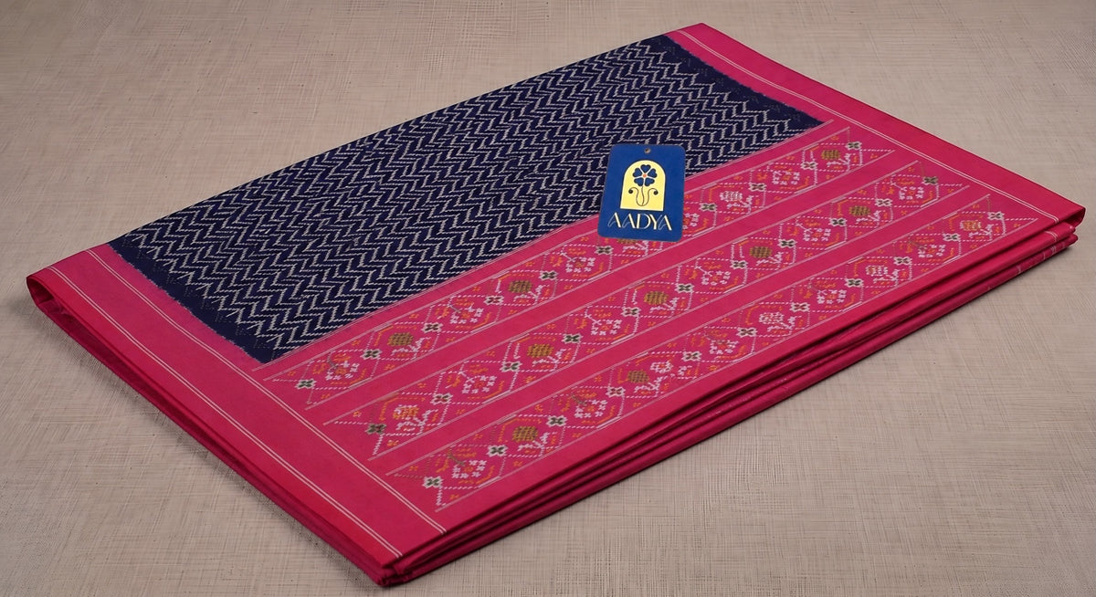 Navy Blue Puttapaka Ikkat Eri Silk Saree with Wave Design, Pink Border & Ikkat Pallu