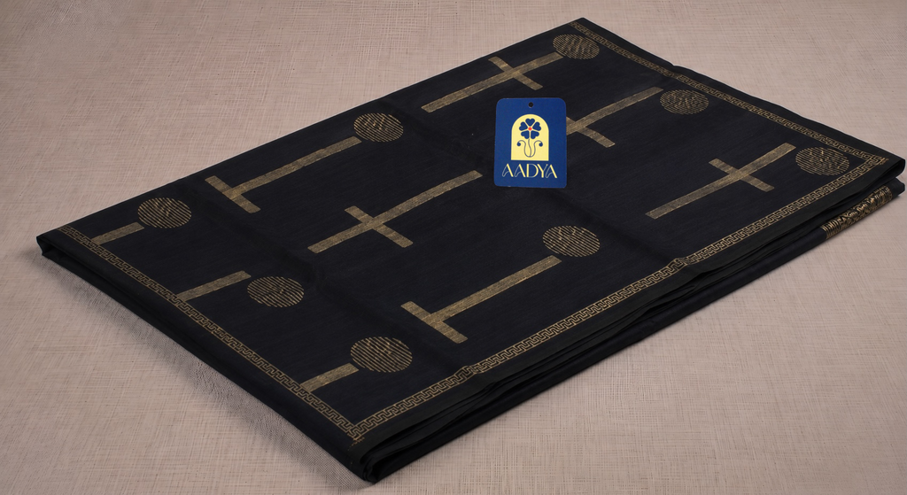 Black Tusser Saree with Mustard Gold Dabbu Printed Border & Pallu