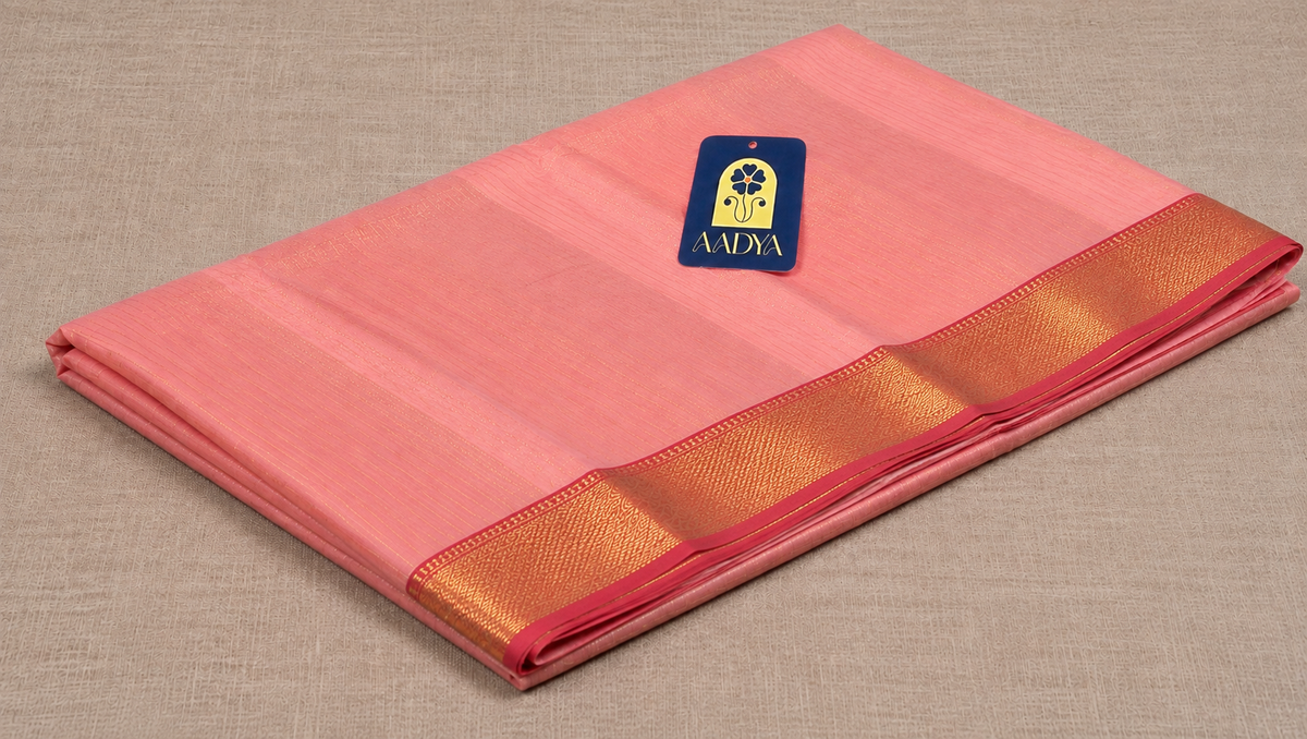 Blush Pink Maheshwari Silk Saree with Pink Zari Border & Striped Pallu