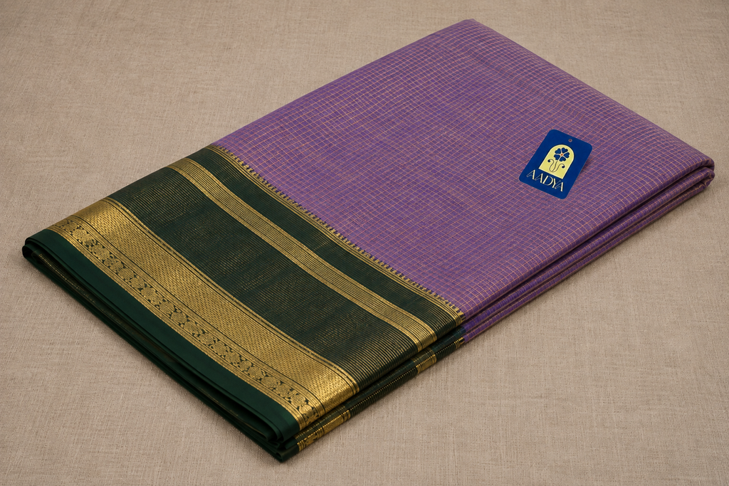 Onion Lavender Kanchivaram Silk Saree with Vaira Oosi Zari Checks & Green Border