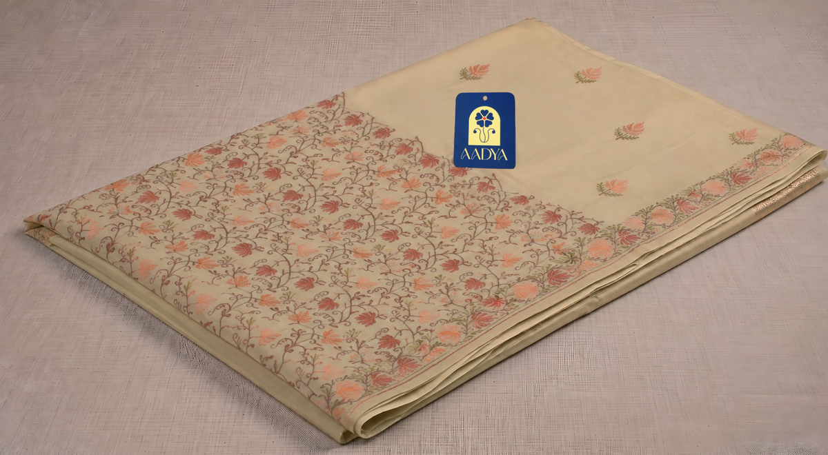 Cream Georgette Saree with Full Kashmir Work on Border & Pallu
