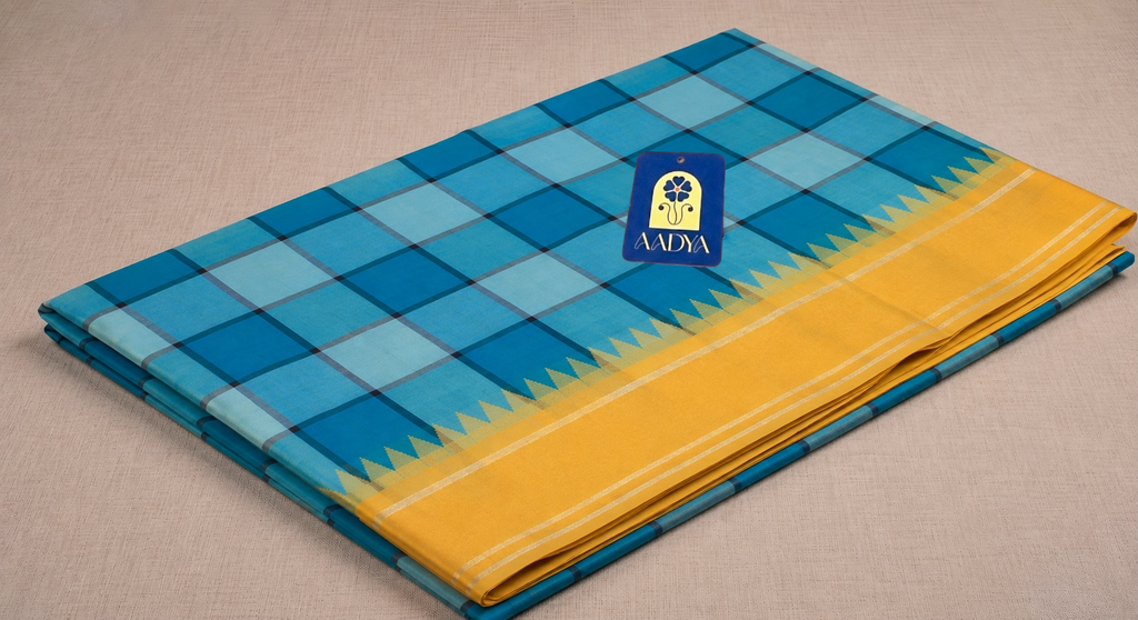 Light Green Kanchivaram Silk Saree with Silver Zari Checks & Yellow Border