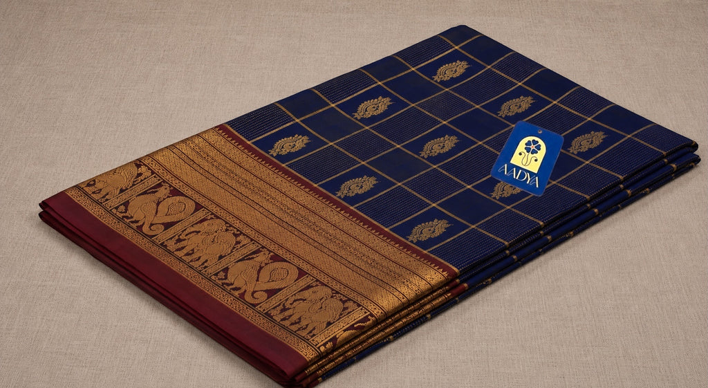 Navy Blue Kanchivaram Silk Saree with Zari Checks & Flower Buttis