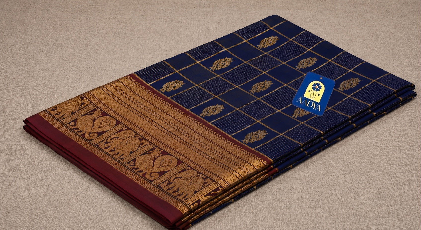 Navy Blue Kanchivaram Silk Saree with Zari Checks & Flower Buttis
