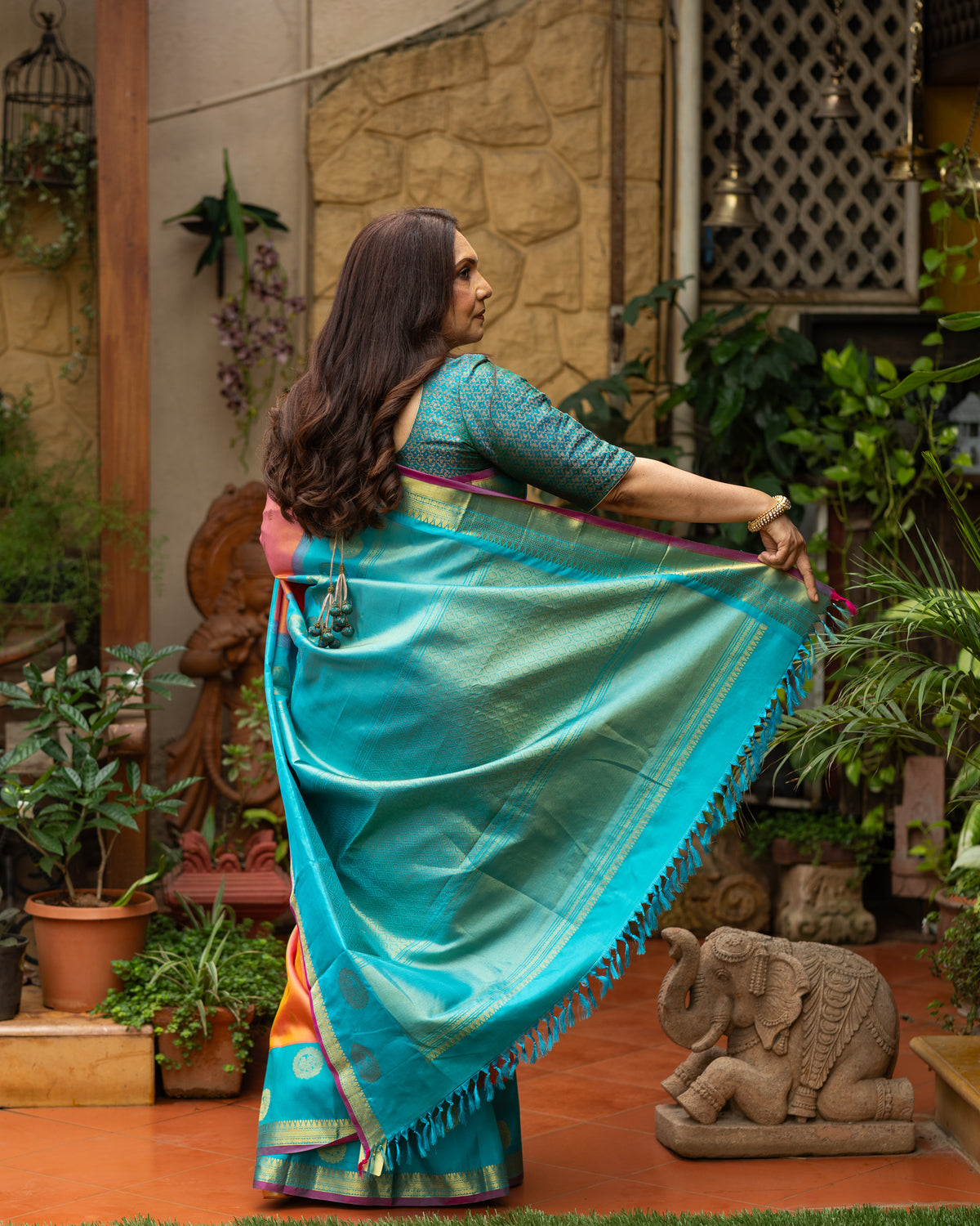 Peach Pink and Turquoise Blue Silk Saree with Gold Butta Motifs and Contrast Border