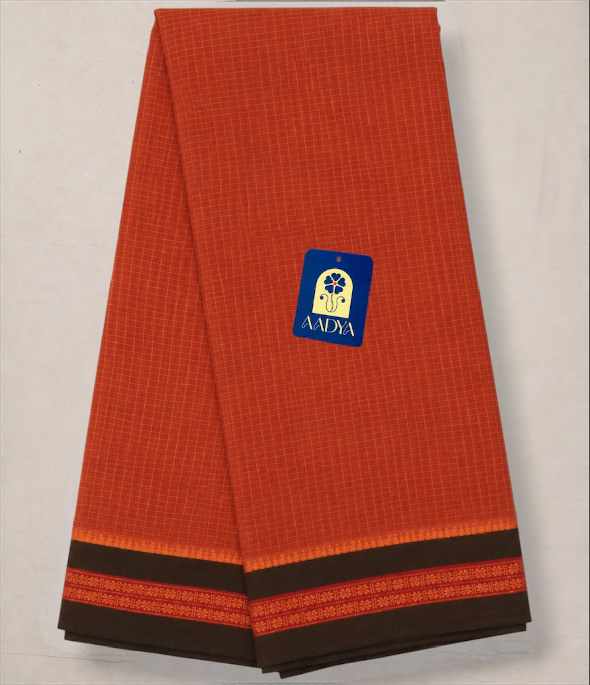 Rust Narayanpet Cotton Saree with Checks & Purple Thread-Work Border