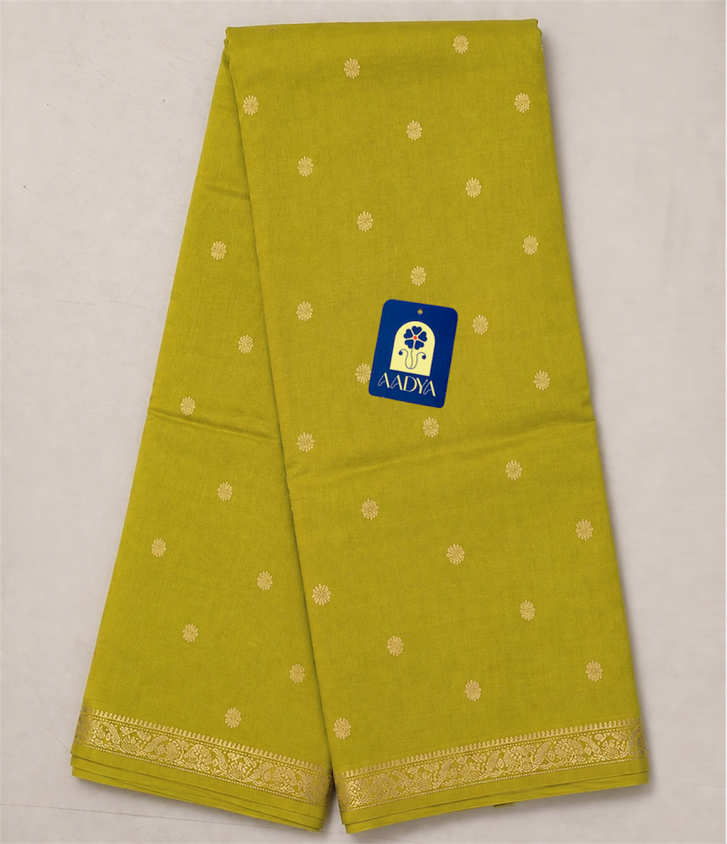 Mustard Yellow Chanderi Silk Saree with Gold Zari Buttis & Zari Border
