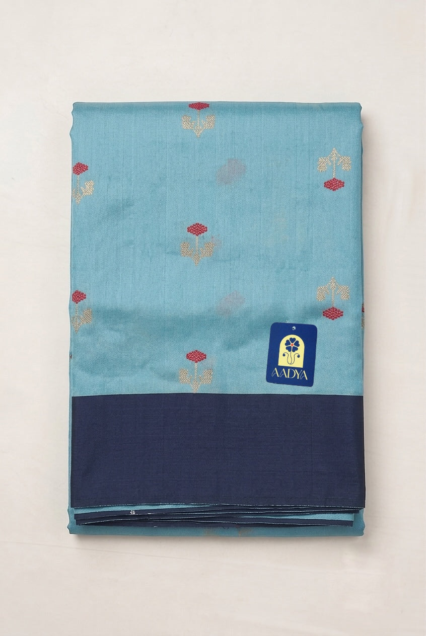 Sea Blue Chanderi Silk Saree with Meenakari Buttis & Zari Pallu