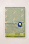 Grey Chanderi Silk Saree with Sparrow Zari Buttis & Neon Green Zari Border