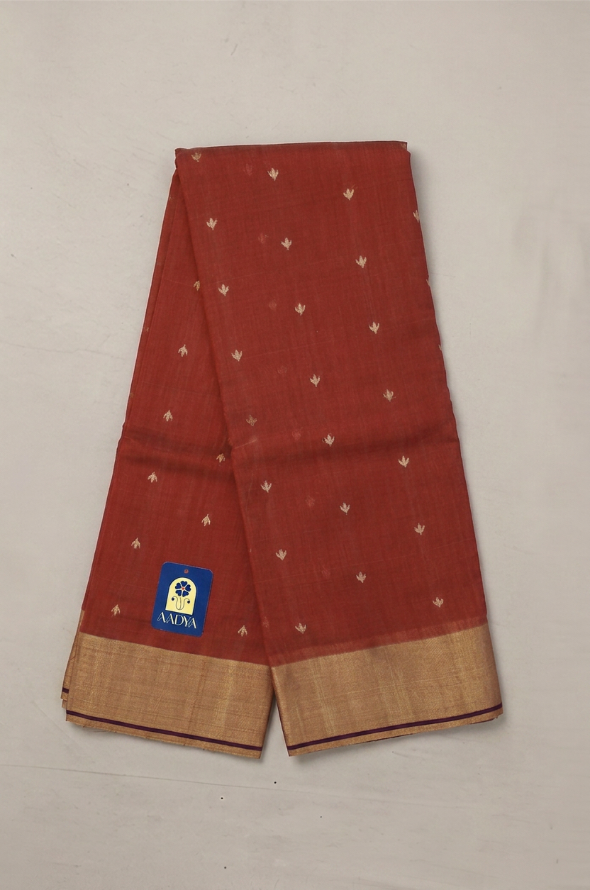 Maroon Chanderi Silk Saree with Floral Lotus Zari Buttis & Gold Zari Border