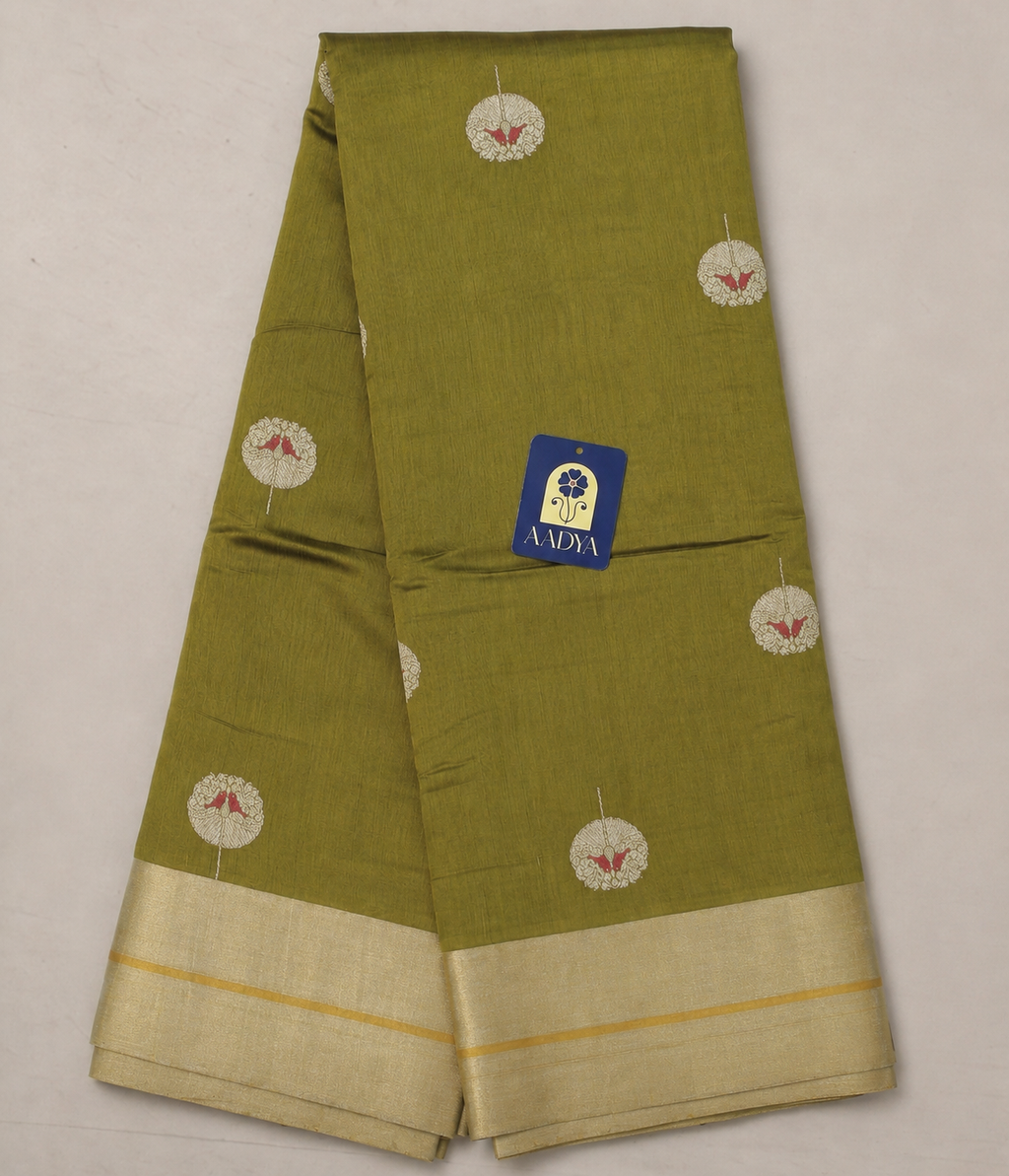 Mehendi Green Chanderi Silk Saree with Peacock Zari Buttis & Yellow Border