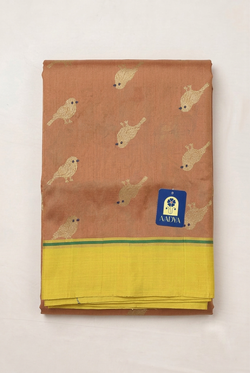 Onion Chanderi Silk Saree with Sparrow Buttis & Neon Green Border