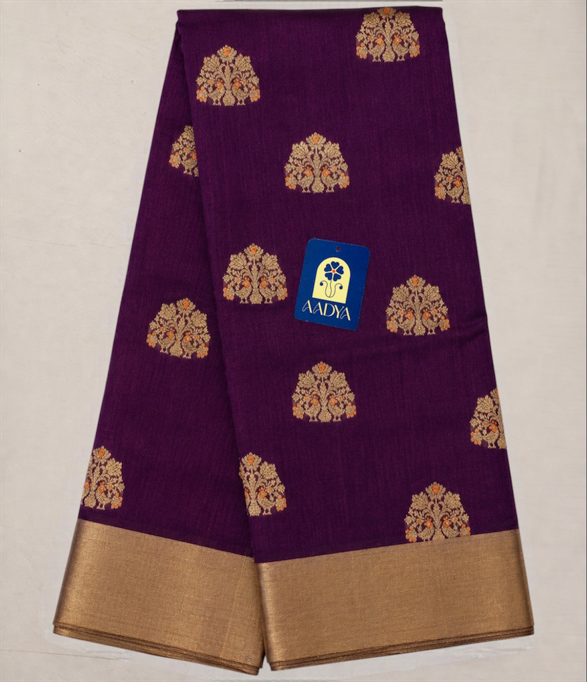 Wine Chanderi Silk Saree with Meenakari Zari Buttis & Gold Zari Pallu