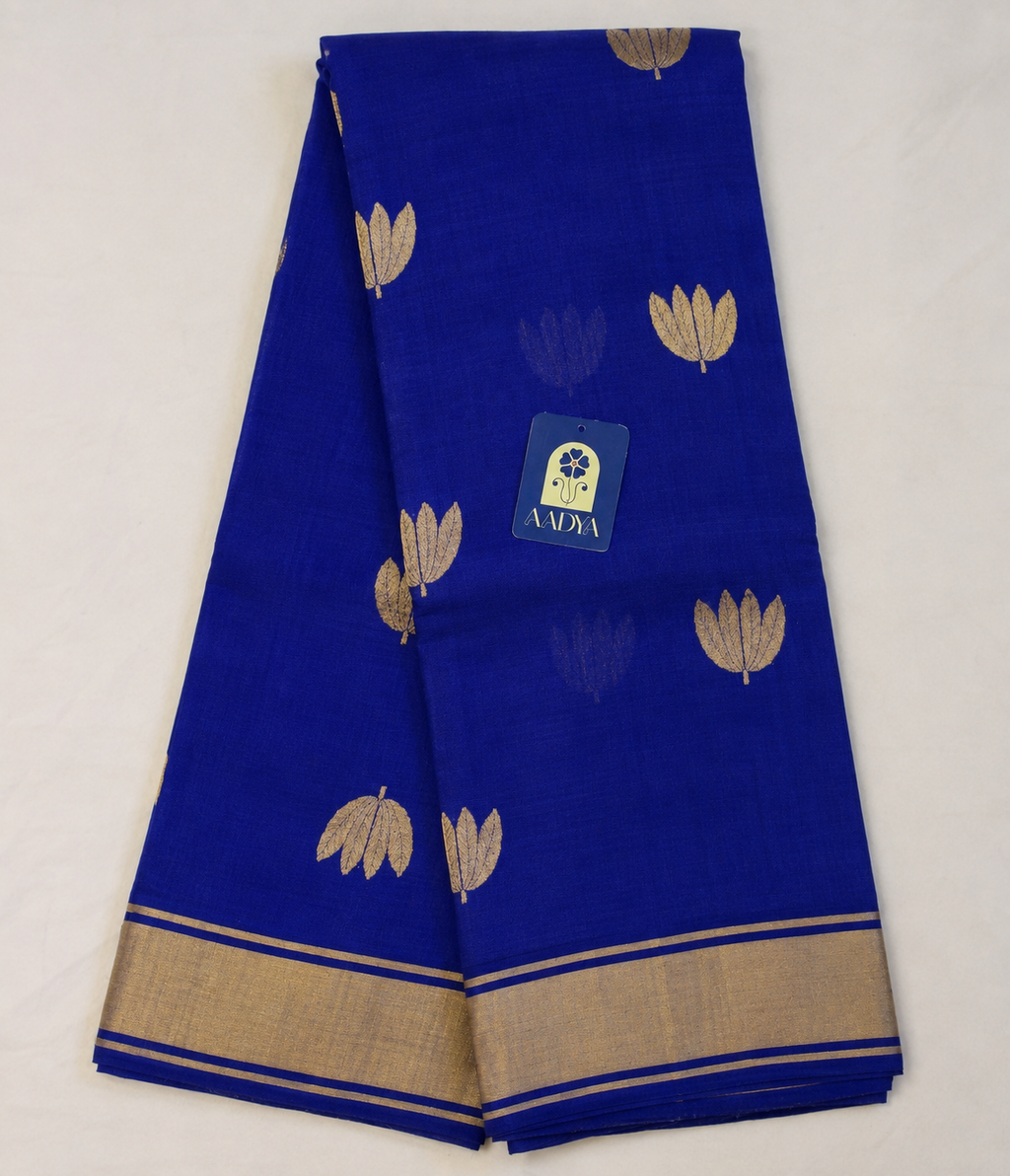 Blue Chanderi Silk Saree with Flower Zari Buttis & Zari Pallu